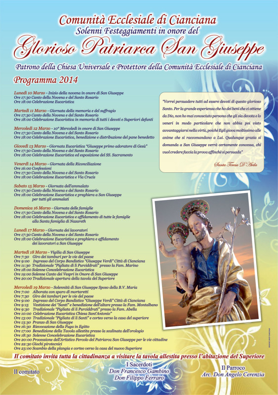 Programma Festa San Giuseppe Cianciana 2014